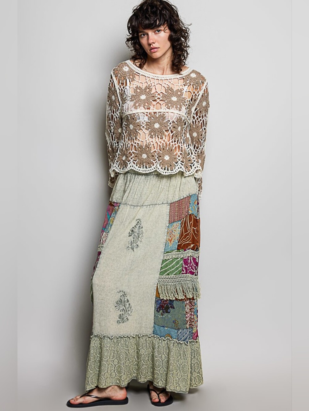 2-0610 POL Patchwork Fringe Boho Maxi Skirt in Sage Green - Picture 4 of 6